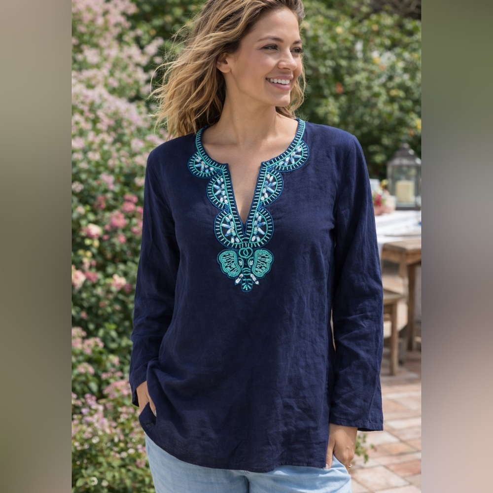 Lilly Pulitzer Navy Blue Beaded Linen Tunic Top Boho Resort Work Medium